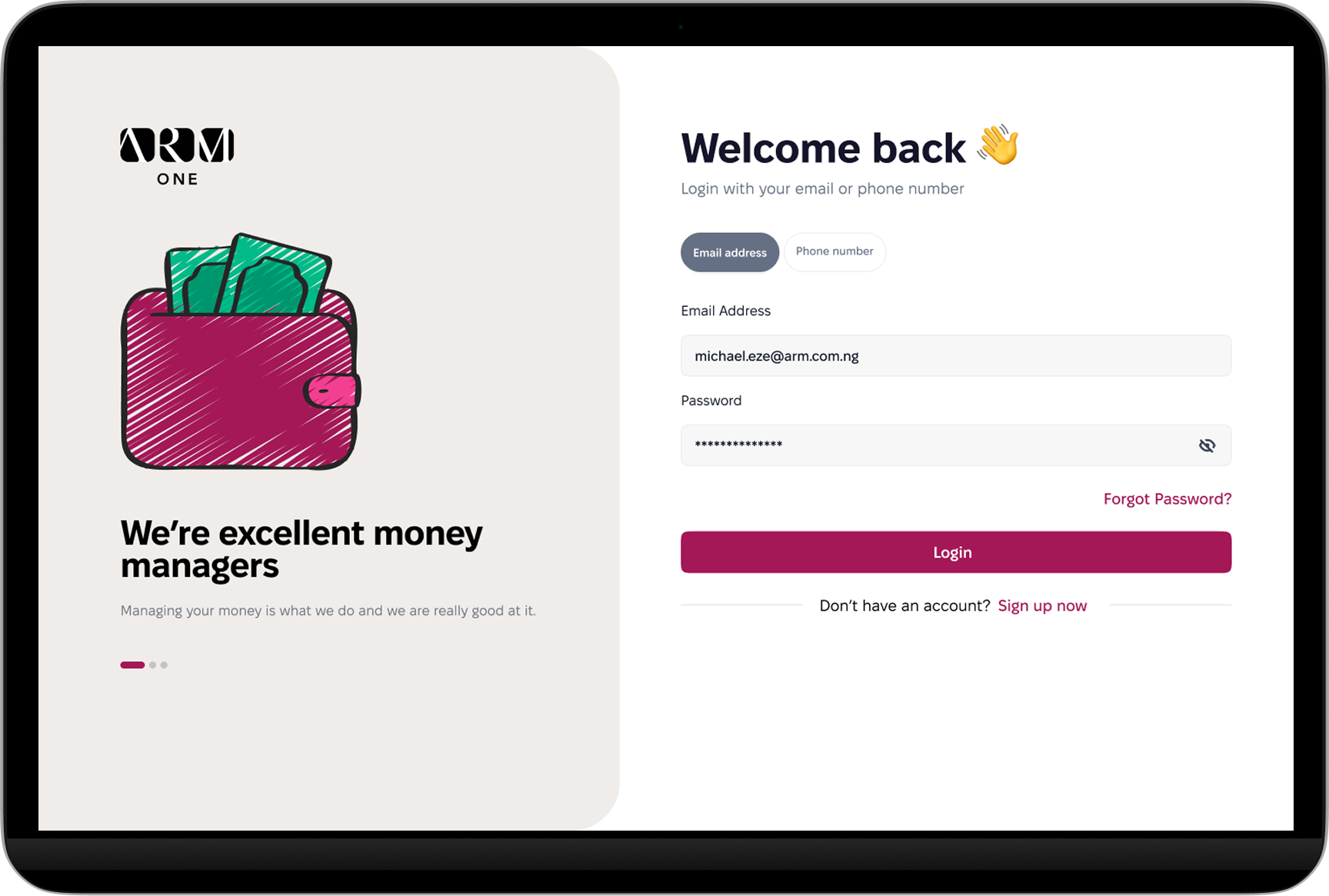ARM ONE welcome and login screen on tablet